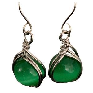 Unisex Green Round Gemstone  Earrings, Faux Jade or Aventurine Stone Silver Tone